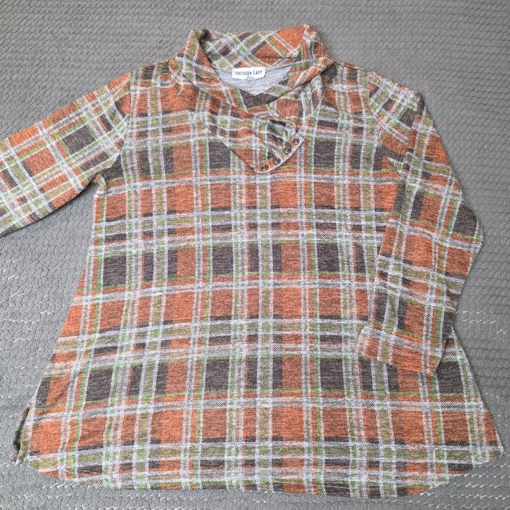 Southern Lady Top Size M, Fall Colors Orange Brown Plaid Cowl Neck, Cozy Soft